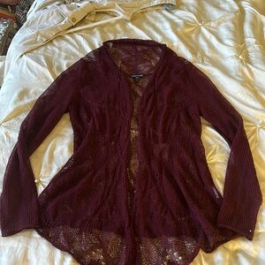 Eileen fisher hand knit burgundy cardigan sweater size Small